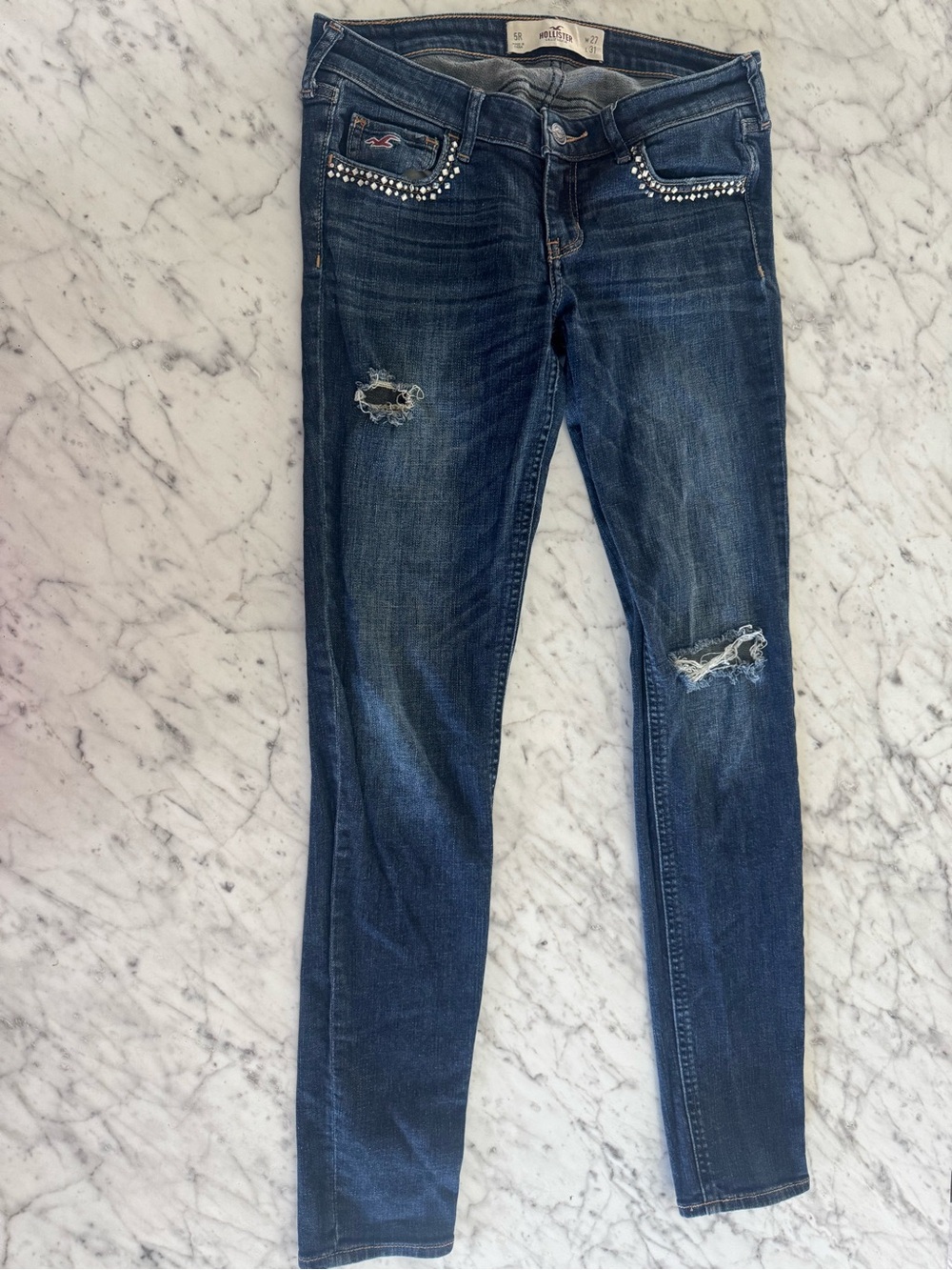 Hollister Women's Dark Wash Skinny Jeans with Rhinestone Pocket Trim